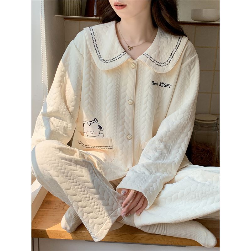 Air Cotton Sandwich Pajamas for Women 100% Cotton Autumn and Winter 2025 New Style Can Be Worn Outside Fleece-Lined Thickeneded Home Clothes Set