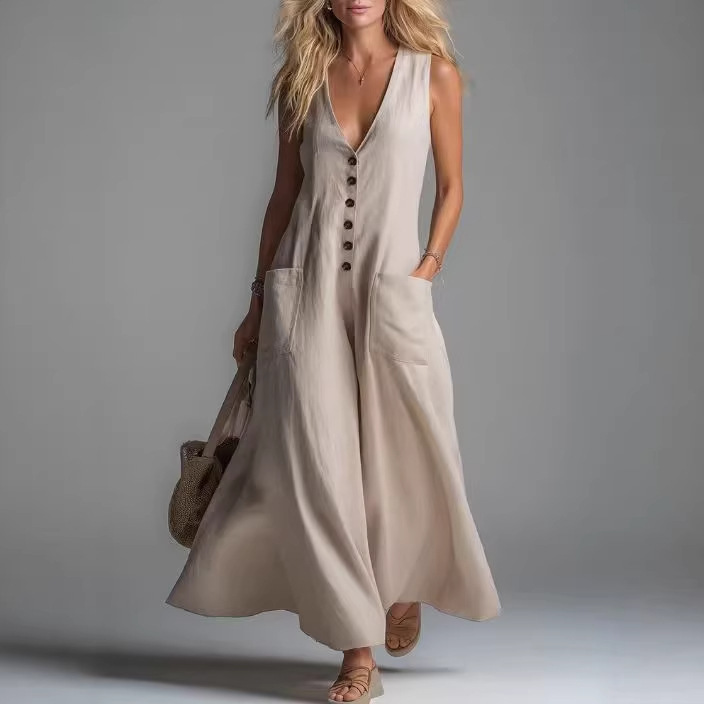 2026 New European and American Cross-Border Spring/Summer Patch Pocket Deep V-Neck Long Dress Women's Sleeveless Button Dress