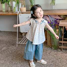 女童夏季套装新款夏天洋气时髦宝宝碎花无袖儿童两件套夏