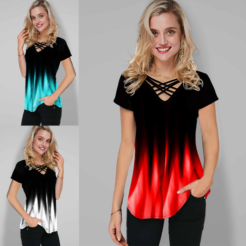 Amazon ebay AliExpress wish cross-border supply casual temperament pullover v-neck Loose Women's T-shirt short Amazon ebay AliExpress wish cross-border supply casual temperament pullover v-neck Loose Women's T-shirt short