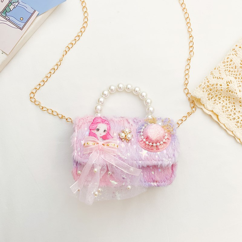 2025 nueva pequeña bolsa de niños de viento de fragancia, mini bolso de perlas, lindos bebés princesas bolso de hombro de peluche