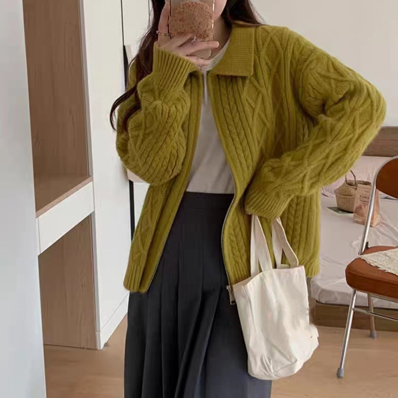 レトロな襟付きジッパーセーターコート、女性用、秋冬、クロスボーダー、ゆったりとした怠惰なデザイン、スタイリッシュな麻花編みニットカーディガン|undefined