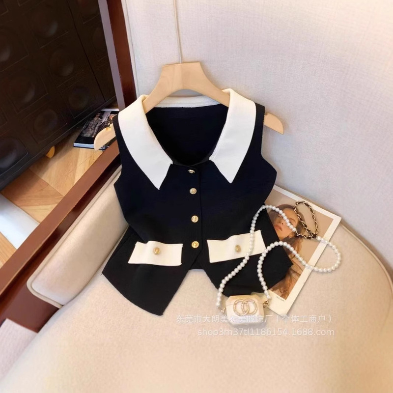 French High-end V-collar Sleeveless Knitted Vest Women's Summer Design Small Chanel Style Retro Elegant Top