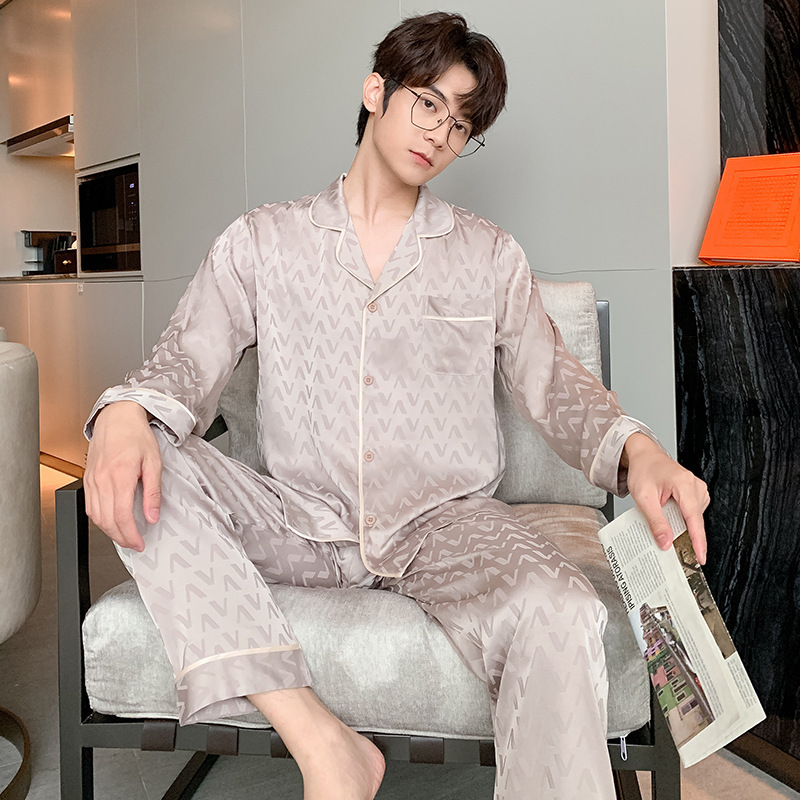 Pajamas Ice Silk New Men's Spring and Autumn Long Sleeve Thin Jacquard Luxurious High-Quality Large Size Home Clothes Suit Summer Pajamas Ice Silk New Men's Spring and Autumn Long Sleeve Thin Jacquard Luxurious High-Quality Large Size Home Clothes Suit Summer