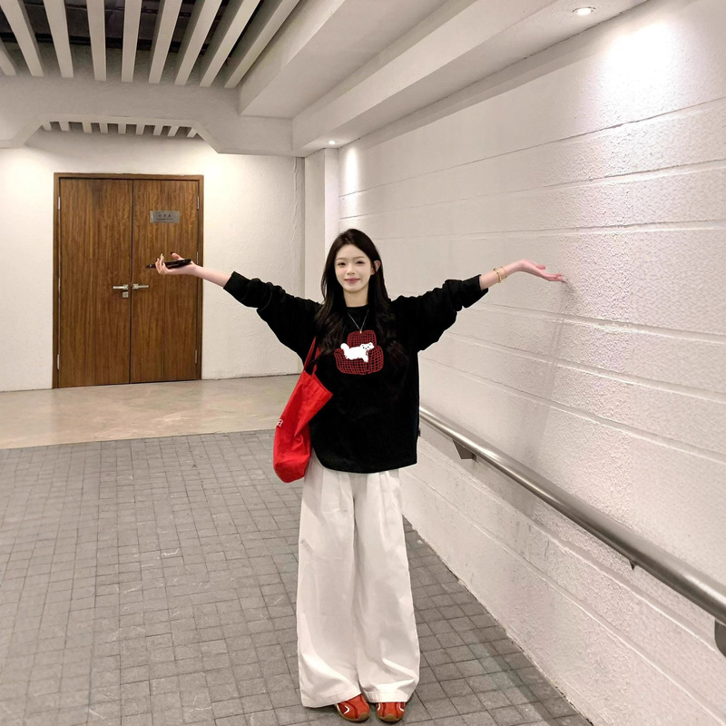 Korean Cute Cat Print Pure Cotton Long-Sleeved T-Shirt for Women Autum 2025 New Lazy Style Loose Slimming Look Top