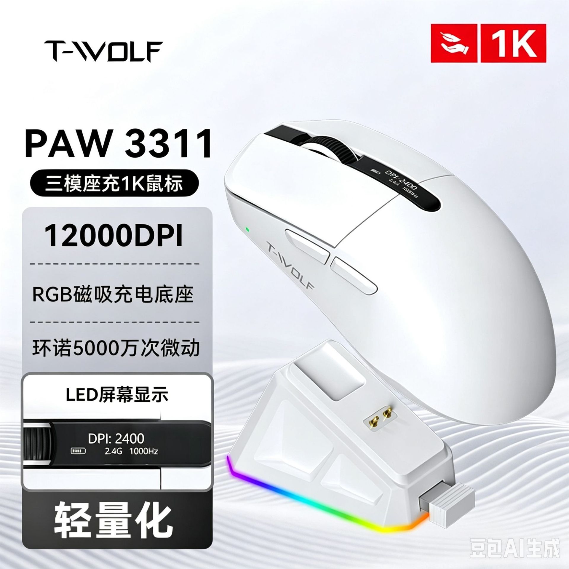 T-Wolf X12 Gaming Wireless Bluetooth Mouse Three-Mode Charging Base Digital Power Display Paw3311