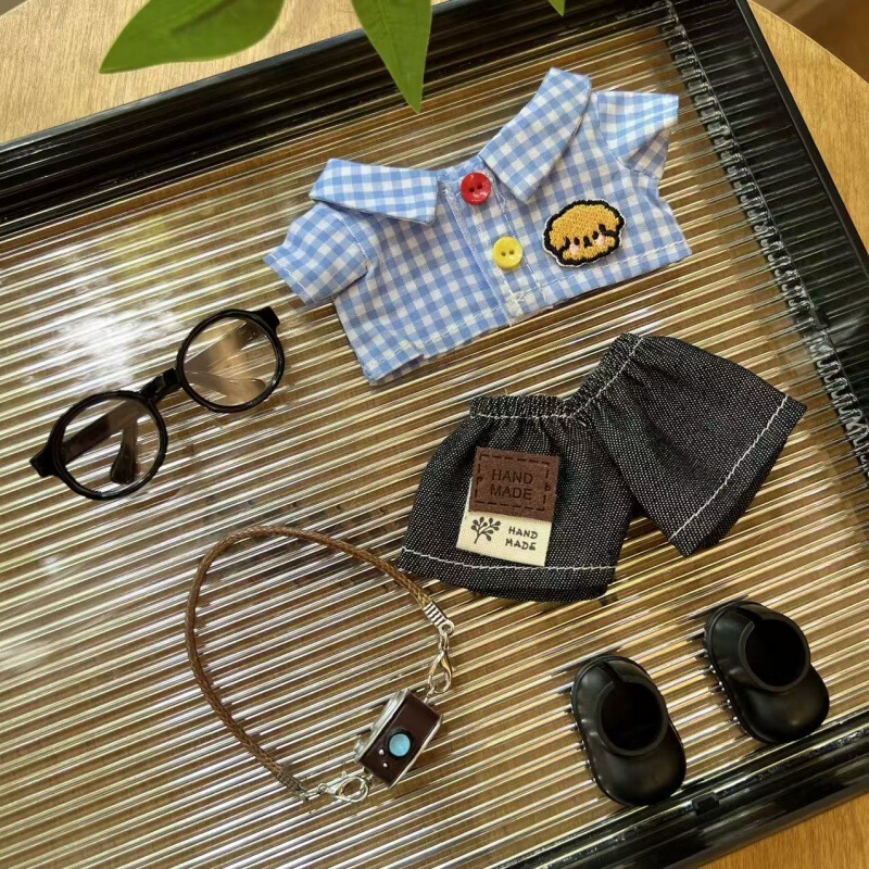 [Clothes Only] 17cm Labubu Vinyl Doll Doll Clothes Accessories Blue Plaid Shirt Doll Clothes Accessories