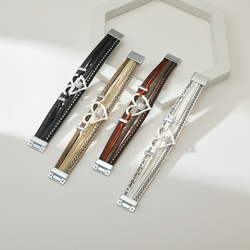 Fashion Heart Shape Pu Leather Inlay Rhinestones Womenu0027S Bangle 1 Piece