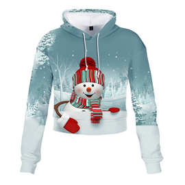 2022圣诞节雪人女款露脐卫衣3D印花欧美网红露脐高腰连帽HOODIES