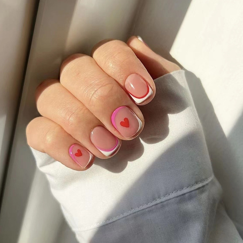 24 pieces Valentine's Day girl pink simple striped short square nail sweet love wear nail nail patch wholesale