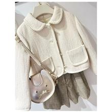 25秋冬新款童装110-160女童米色翻领外套儿童羊毛人字呢夹棉外套