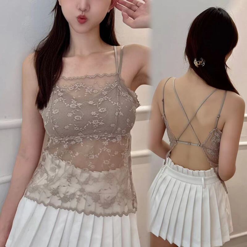 plus size French Style Lace Sexy Big Backless Camisole Vest Detachable Chest Pad Underwear Anti-running Light Base Beautiful Back for Women