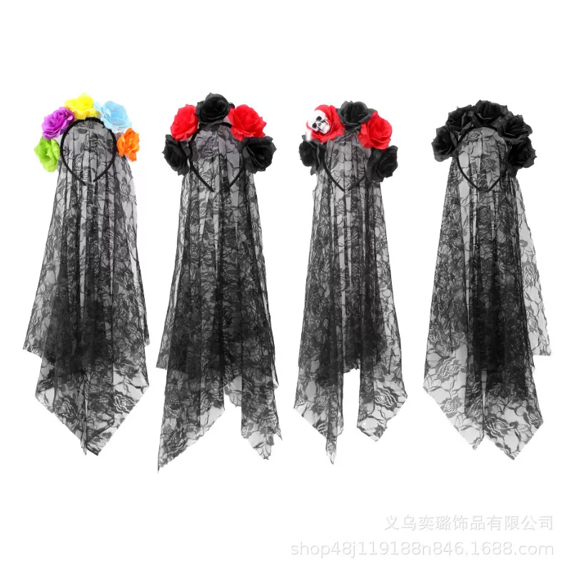 万圣节玫瑰花头纱发箍黑色网纱花朵鬼新娘发箍万圣节派对骷髅头饰
