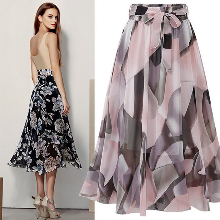 Chiffon Skirt Women's Summer Plus Size New Mid-Length Floral Skirt High-Waist Export Mid-Length Skirt Slimming Look A-Line Gauze Skirt