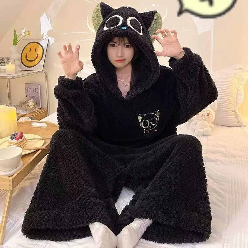 连体珊瑚绒睡衣女款秋冬季加绒加厚卡通保暖睡袍冬天法兰绒家居服