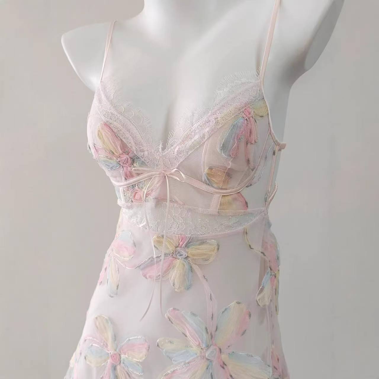 French-Style Lace Mesh Nightgown, Embossed Floral Blue Short Babydoll with Hollow-Out Detail — detail image 4