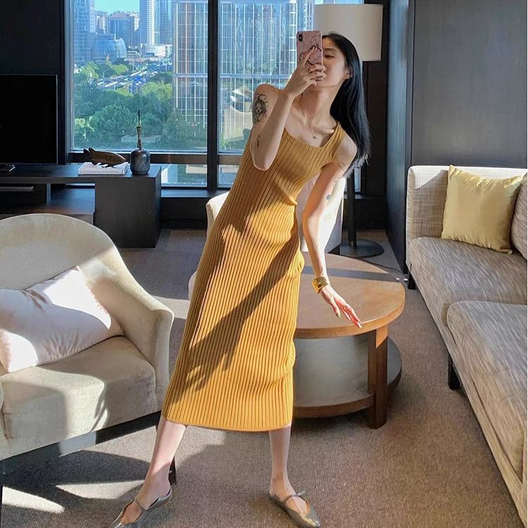 Ginger yellow pit knitted camisole dress women's summer high-grade temperament slim bottoming outer vest dress