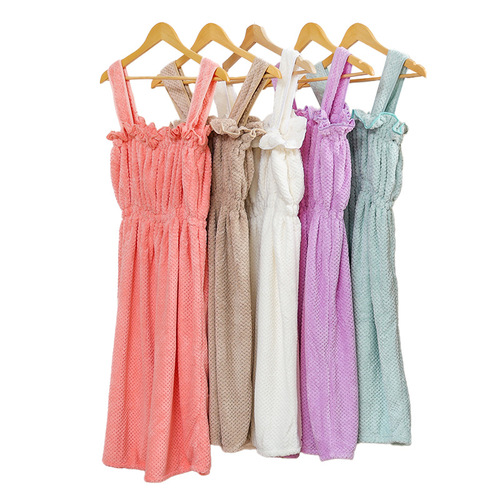 Cross-border special warp knitted pineapple check women's bathrobe suspenders new water-absorbent and non-shedding coral velvet bathing skirt can be worn