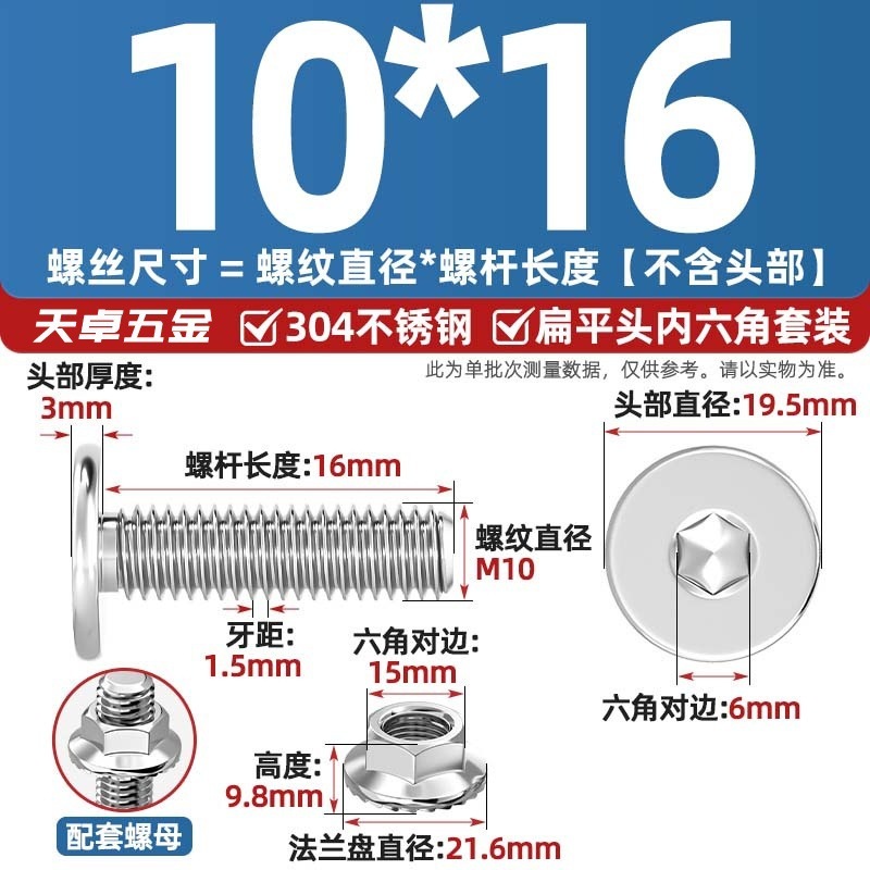 304不锈钢CM大平头超薄头C头扁平头内六角螺丝钉法兰边螺母套装M5|undefined