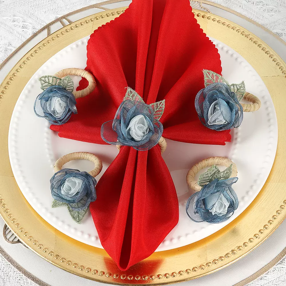 情人节仿真布艺蓝色玫瑰花餐巾环手工编织餐巾扣西式酒店摆台批发