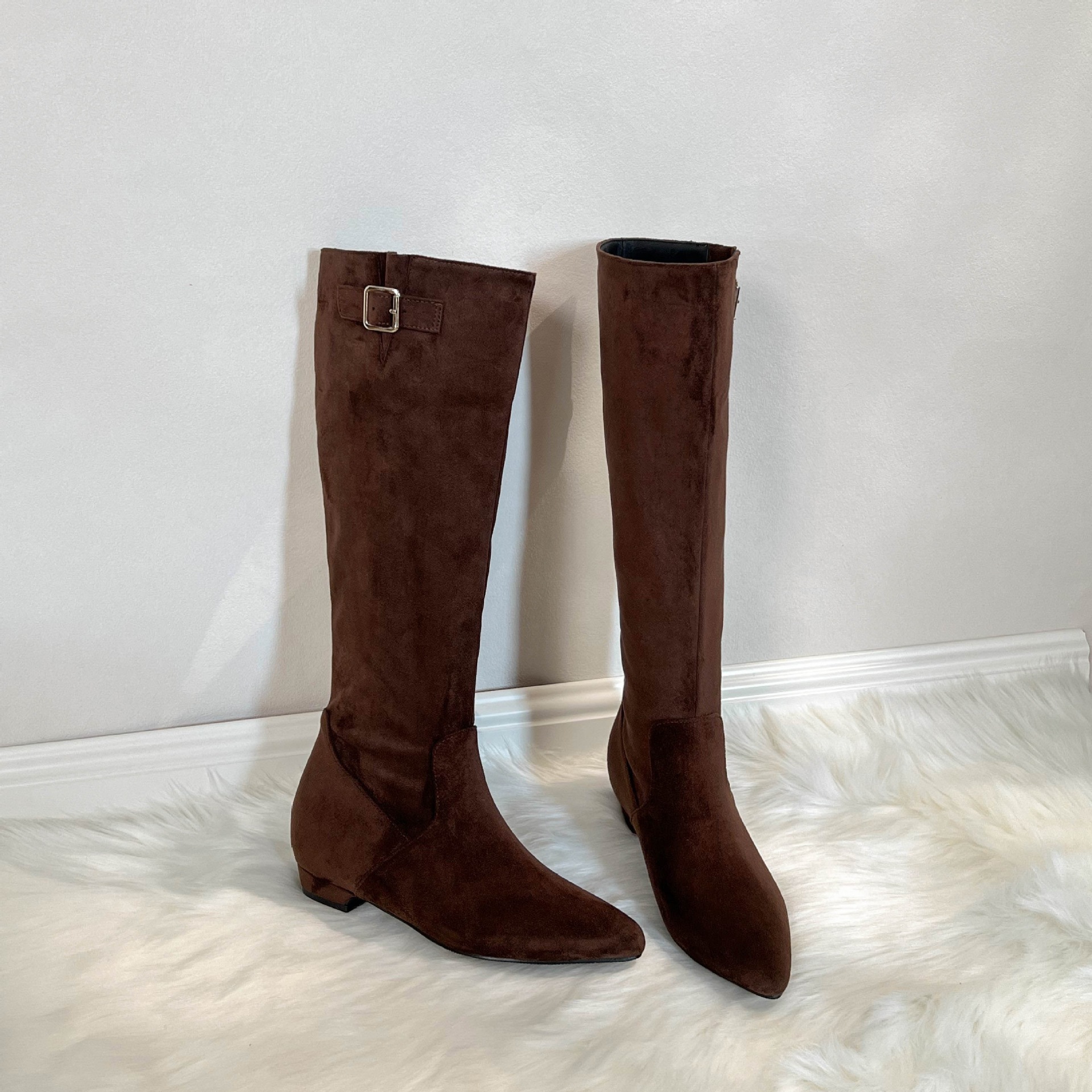 Botas Altas de Montar para Mujer de 6 cm, Microfibra y Terciopelo, Tacón Ancho, Hebilla Decorativa, para Invierno y Uso Diario