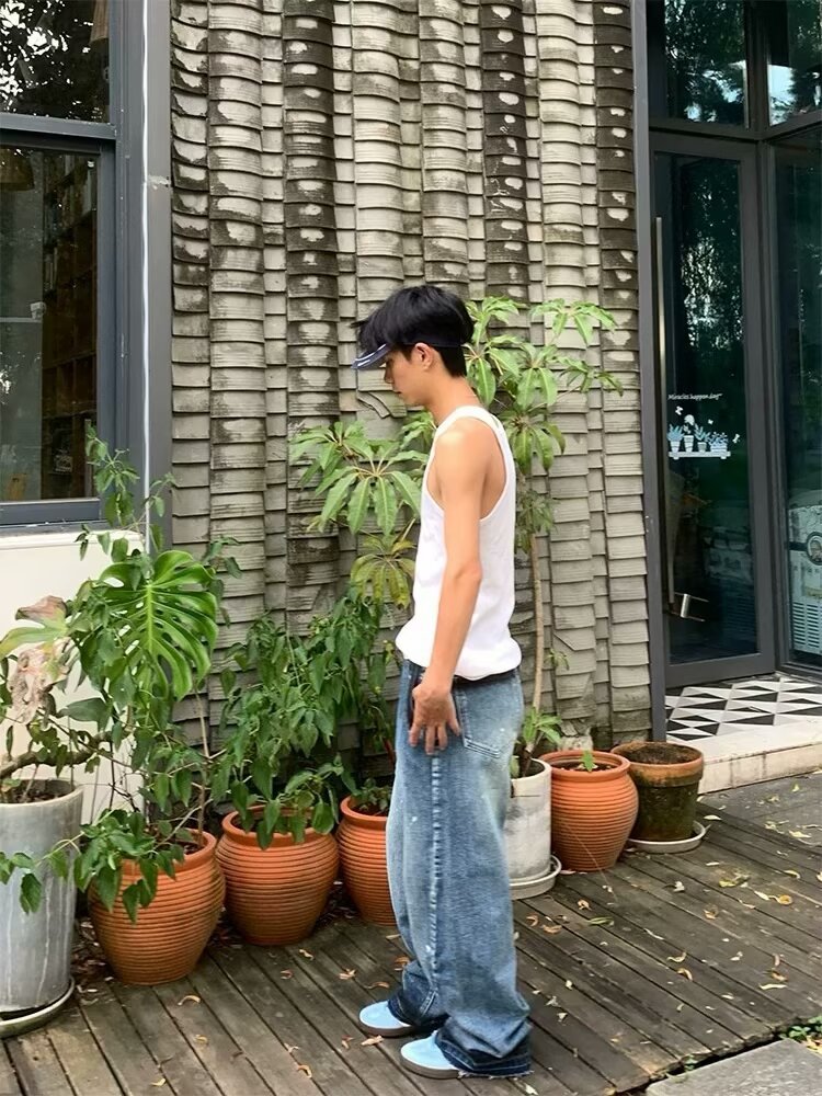 Men's Oversized Relaxed Fit Jeans Streetwear Splatter Wash Vintage Blue Paint Effect Denim (XS-3XL)_mkmklike.com