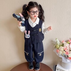 女童秋套装2025新款卡通兔子警官小童马甲秋季三件套儿童早秋衣服