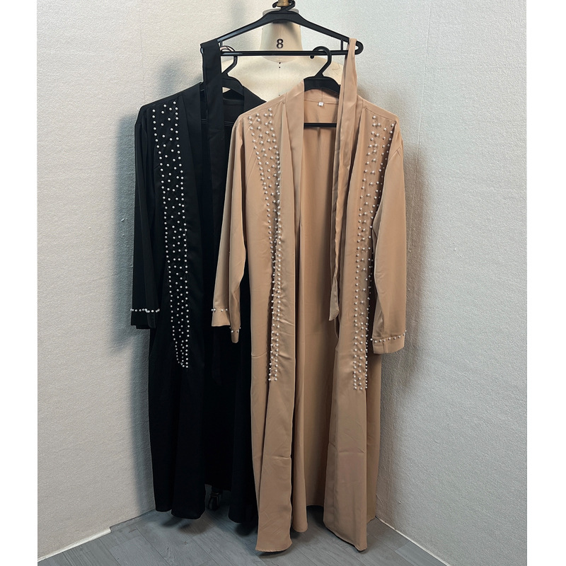 F326 Cross-Border Foreign Trade Middle Eastern Women's Long Dress, Dubai Pearl Embellished Elegant Cardigan Robe,_ecoleips.com