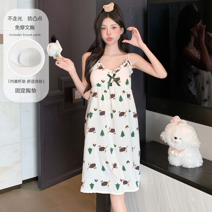 2025 nuevo pijama mujer verano nube hilo de algodón camisón camisón con almohadilla para el pecho dulce y lindo servicio a domicilio verano