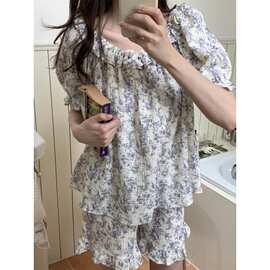 跨境专供法式水墨双层棉纱可一字领2穿家居服睡衣套装睡短袖短裤