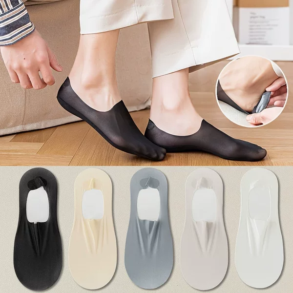 European and American Cross-Border Popular Men's Ultra-Thin Invisible Socks, Traceless Ice Silk Breathable Sweat-Absorbent Short Silicone Non-Slip Socks