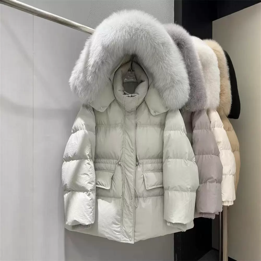 狐狸毛大毛领收腰羽绒服女中长款2025冬季新款白鸭绒外套女装批发
