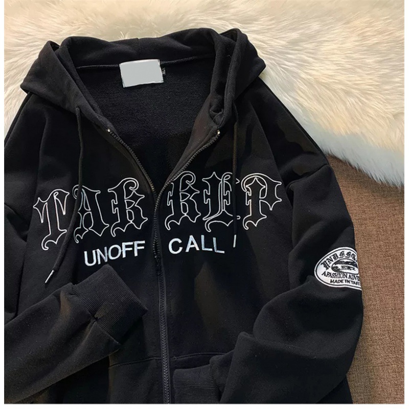 Abbigliamento da donna giacca cardigan in felpa casual allentata con tasca con cappuccio ricamata con lettera retrò_voghion.com