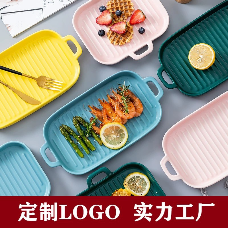 Nórdico placa redonda creativa hogar plato de cerámica horno de microondas binaural placa para hornear Placa de filete Placa de porcelana