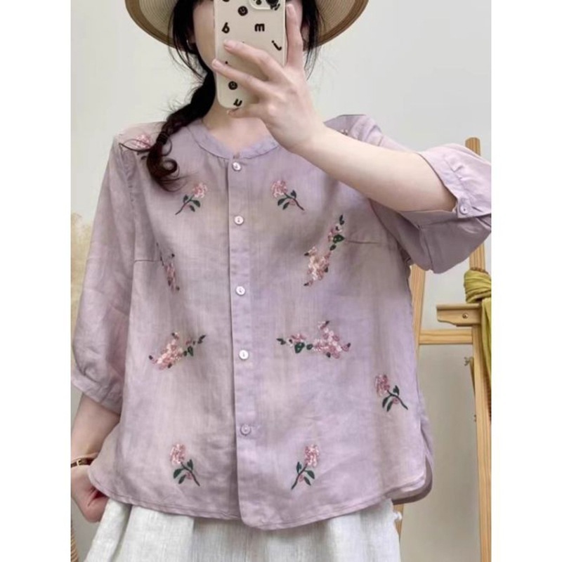 文学レトロエスニックスタイル半袖半袖綿麻シャツトップス春夏新作多用途刺繍入り婦人服|undefined