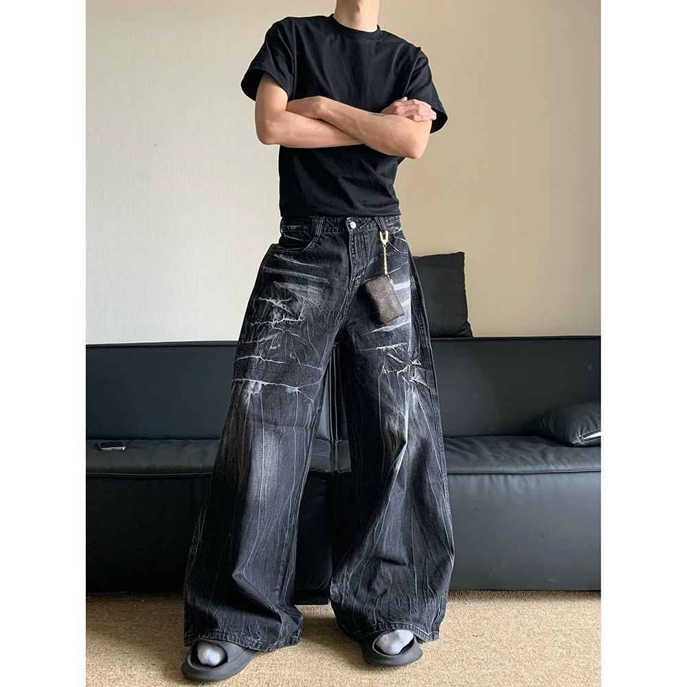 Американский ретро cleanfit стирает старые джинсы мужские нишевые молнии vibe свободные широкие ножки длинные брюки