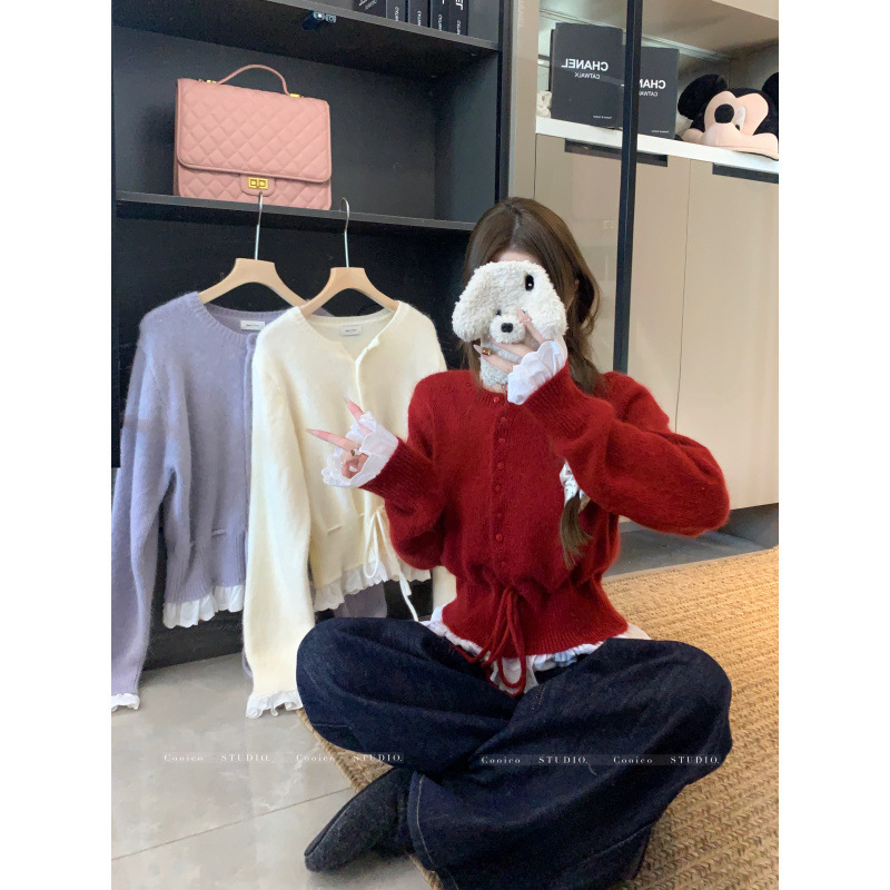 高级感时尚气质设计感蕾丝拼接系带毛衣毛织针织衫长袖女装工厂|undefined
