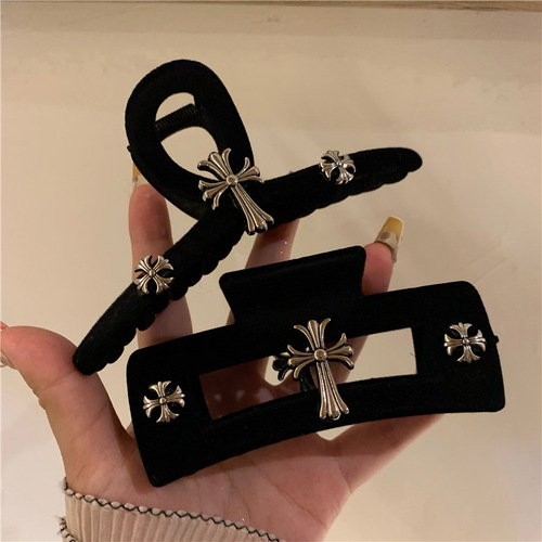 Black velvet cross hairpin series ~ oversized grabber small fragrant bow dark trendy cool hair accessories for women