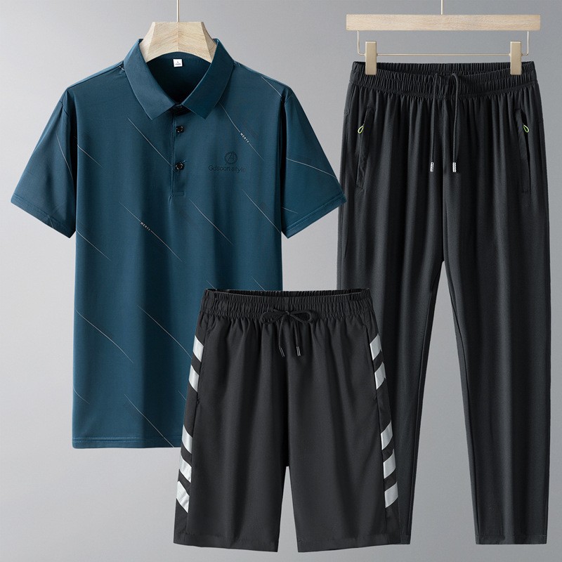 Camiseta de verano de papá camiseta de hielo de manga corta de mediana edad juego deportivo abuelo ropa de hombre papá polo casual conjunto de tres piezas