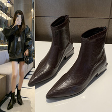 法式尖头粗跟后拉链短靴女2025新款秋冬季软皮显瘦英伦风马丁靴