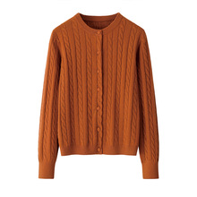 纯山羊绒12针绞花圆领麻花针织开衫女士正肩包扣休闲外搭上衣新