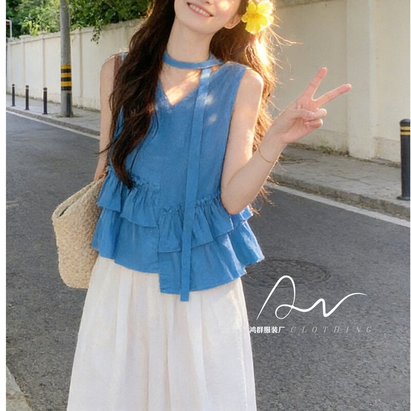 French-Style Sweet Halter Neck Sleeveless Shirt for Women, Summer Ruffle Design Babydoll Top, Age-Reducing Blouse French-Style Sweet Halter Neck Sleeveless Shirt for Women, Summer Ruffle Design Babydoll Top, Age-Reducing Blouse