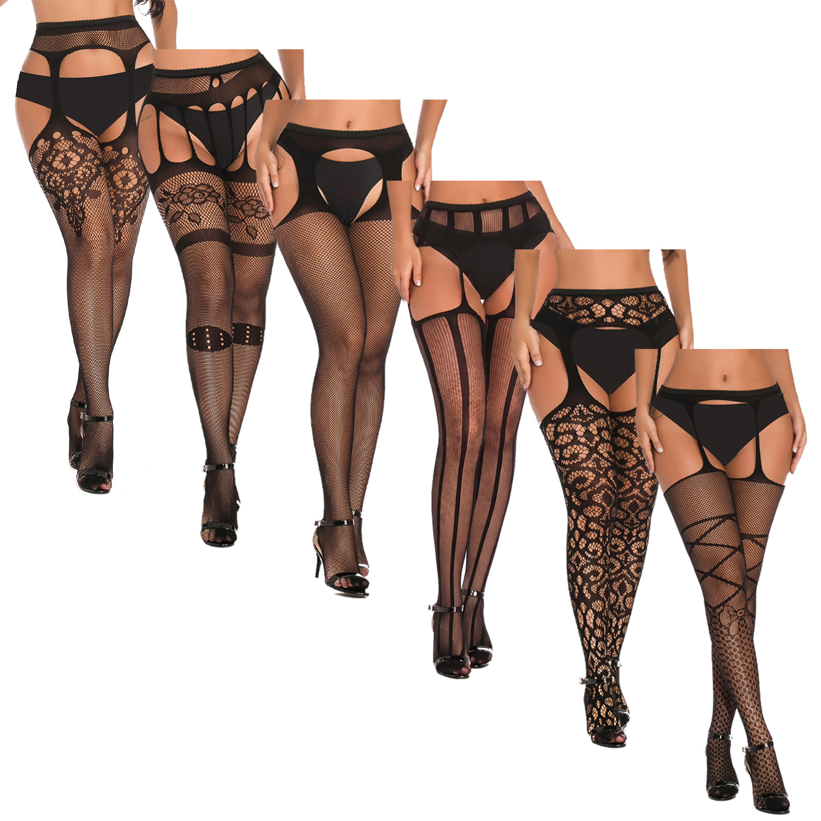 Fábrica de comercio exterior en stock de medias de mujer diarias, calcetines de cinturón, calcetines de red de pesca de encaje