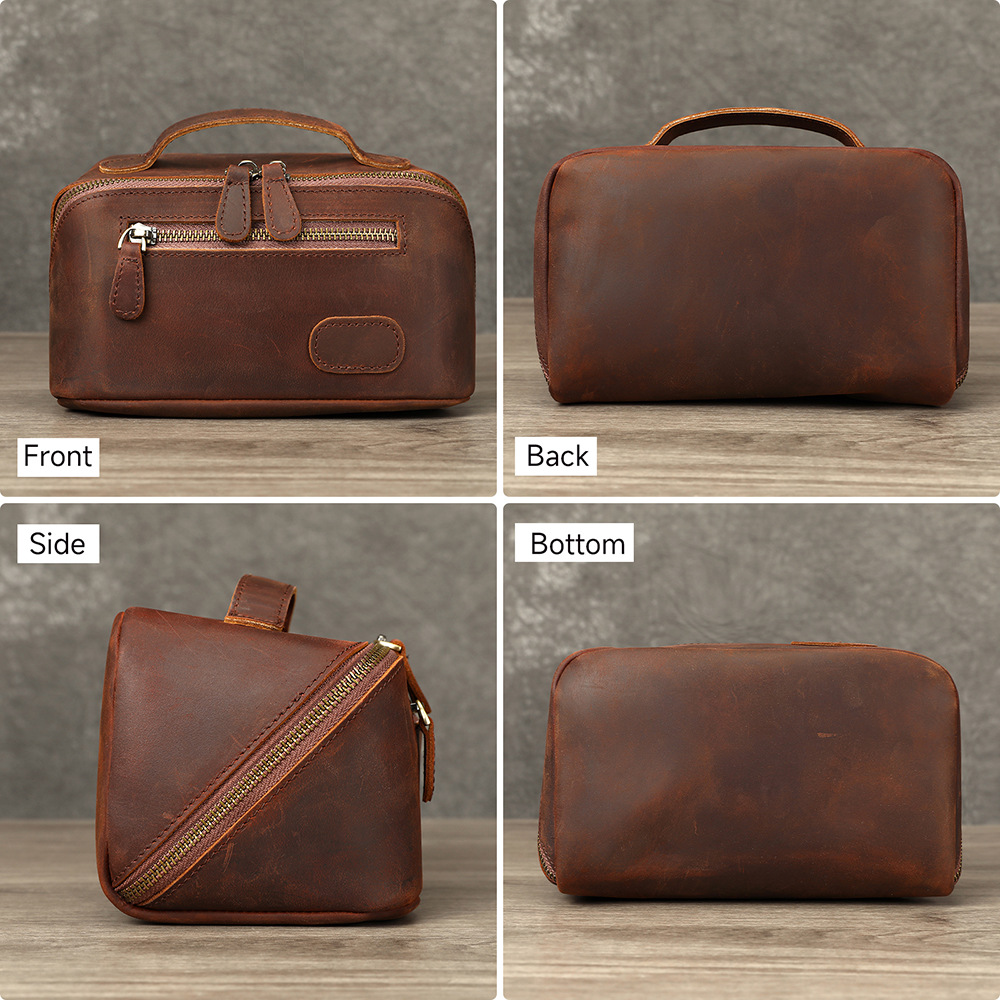 Túi đựng mỹ phẩm nam da thật phong cách retro dung tích lớn — Cà phê, 19.5cm*12.5cm*13cm
