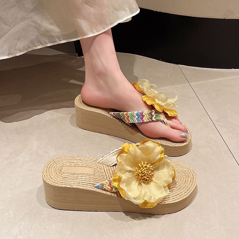 Floral Summer Slippers, Fashionable Xishuangbanna Thick-Soled Dai Flip-Flops, Beach Shoes, Wedge Heels, Holiday Ethnic Clothing