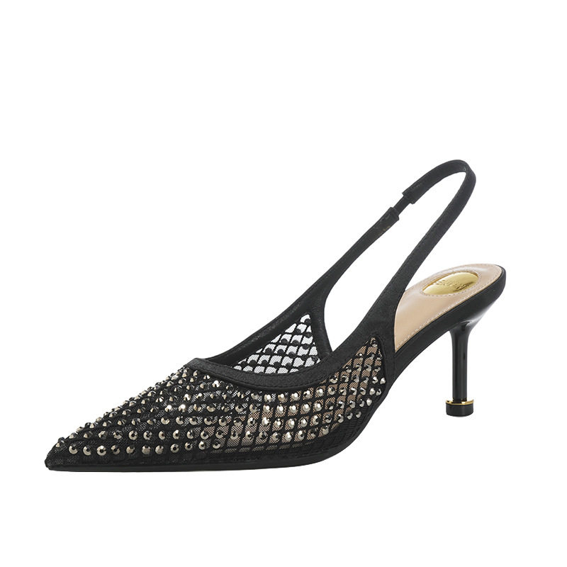Sandal nữ bít mũi mũi nhọn gót mảnh 6–8 cm chất liệu lưới đính đá quai hậu — Màu be, màu đen
