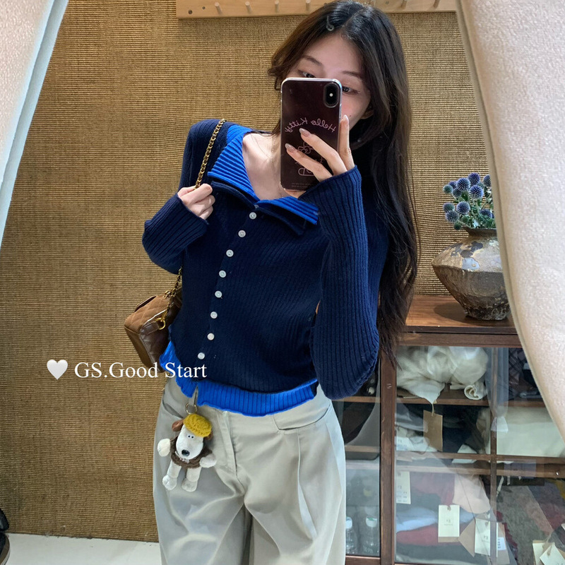 GS.GOOD START博主穿搭秋冬韩系撞色假两件百搭显瘦针织小衫女装|undefined