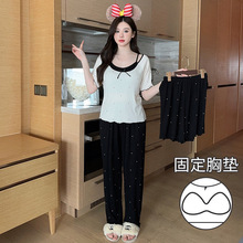 喔密哒夏季新品波点印花小细条莫代尔棉三件套睡衣带胸垫家居服女