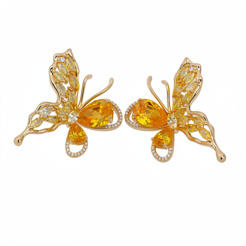Oro verdadero electron-combustible mariposa de piedra pernos de orejas temperamento exquisito personalidad nicho pendientes ligero lujo conjunto de joyas de alta calidad