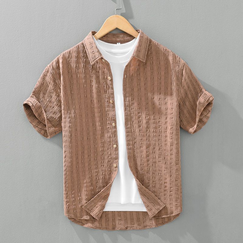 Solid Color Men's Short-Sleeved Shirt, New Summer Style, Thin and Comfortable Shirt, Casual Plaid Texture, Large Size Shirt for Men